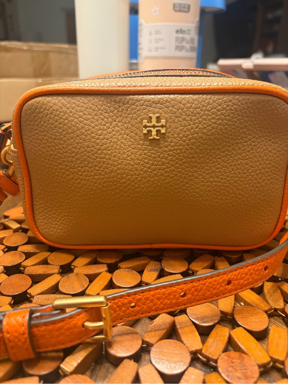 Tory Burch Tan Pebbled Leather Crossbody with Orange Trim